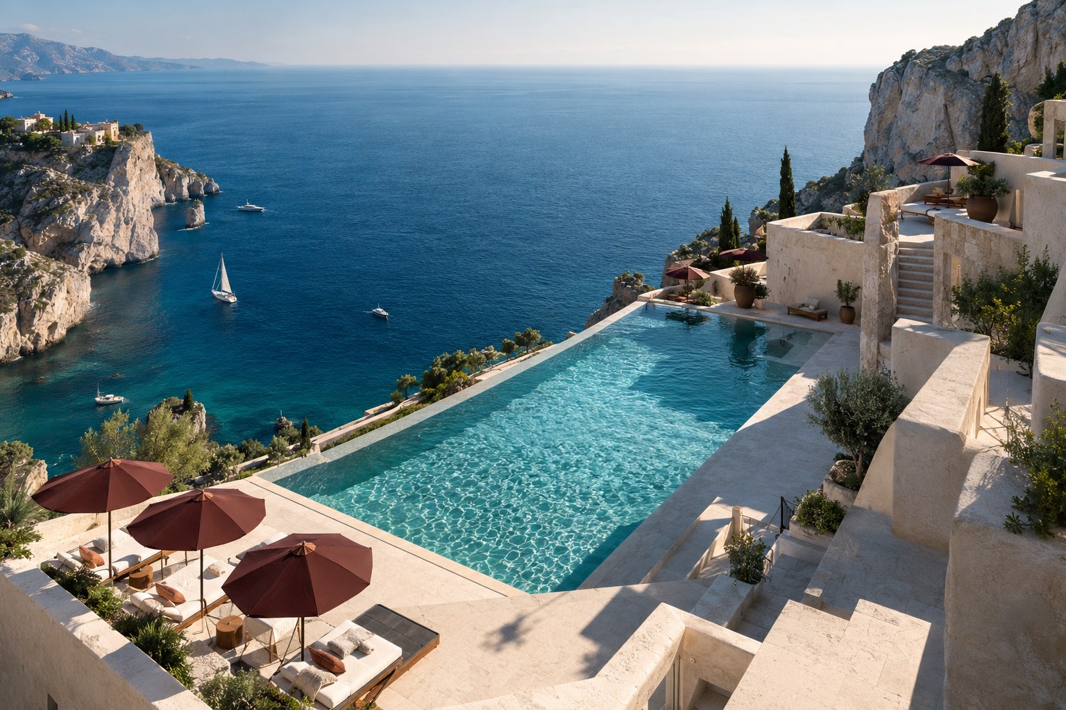High-end travel campaign scene of a coastal pool and dramatic blue sea